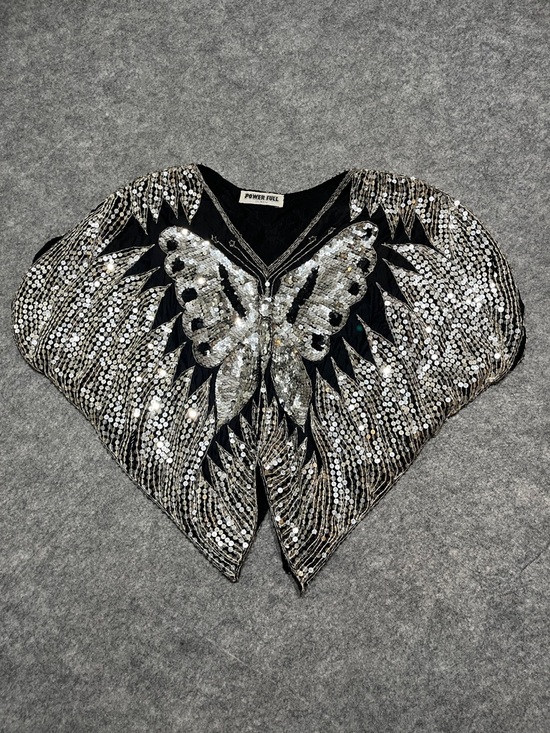 Vintage Tops - Black and Silver Sequin Butterfly Disco Era Cape-Style Top